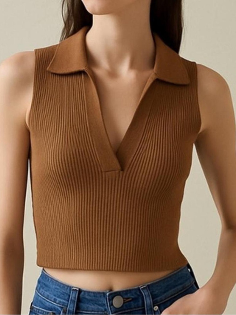 House of Harlow 1960 Brown Ribbed Sleeveless Crop Top